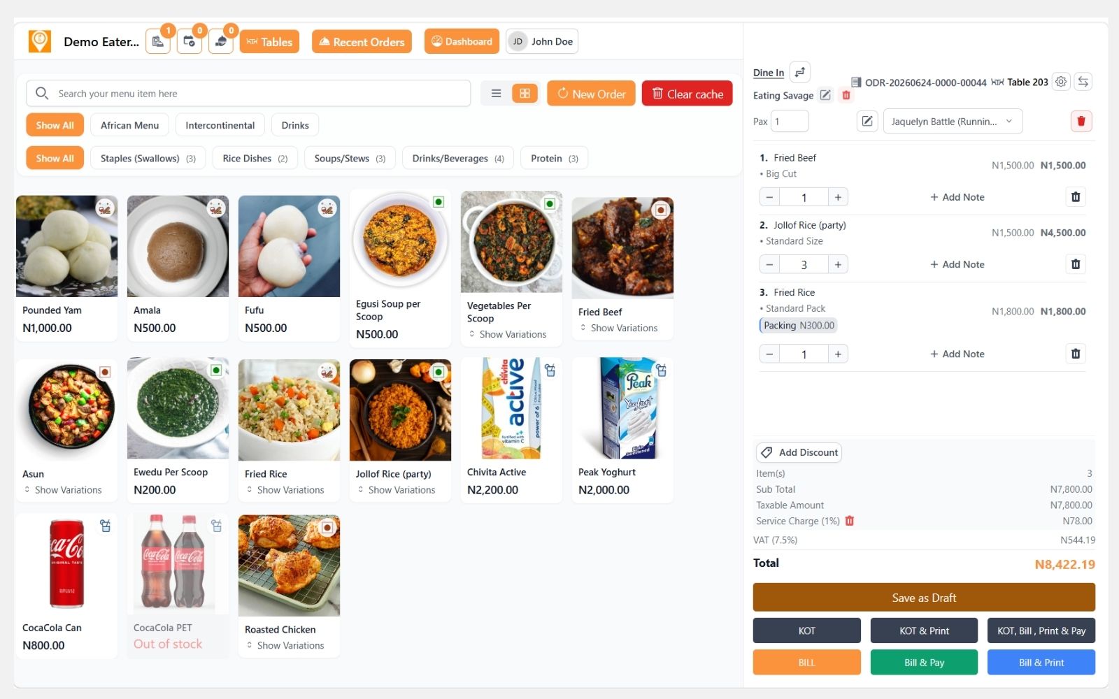 GoEatery POS workspace showing menu items, order cart, KOT, billing, and payment actions